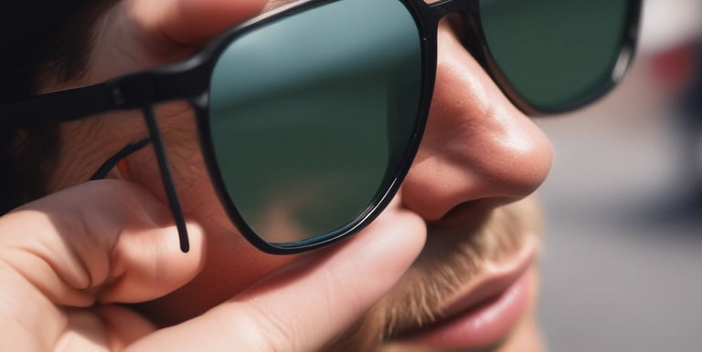 Close-up of hands carefully replacing lenses in an eyeglass frame in a clean lab.