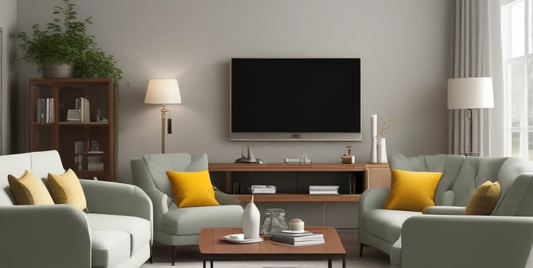 A cozy living room setup featuring traditional wooden furniture with warm lighting