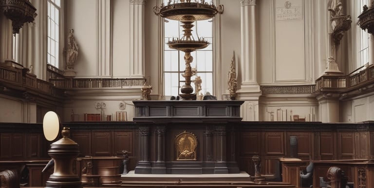 A courtroom setting with a judge and lawyers.