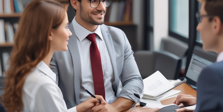 Close-up of hands analyzing accounting documents and tax forms on a desk with a laptop.