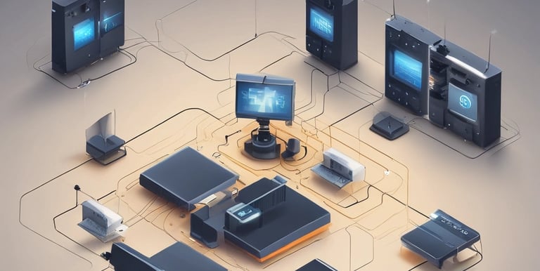 a computer desk with a monitor, monitor, and a laptop