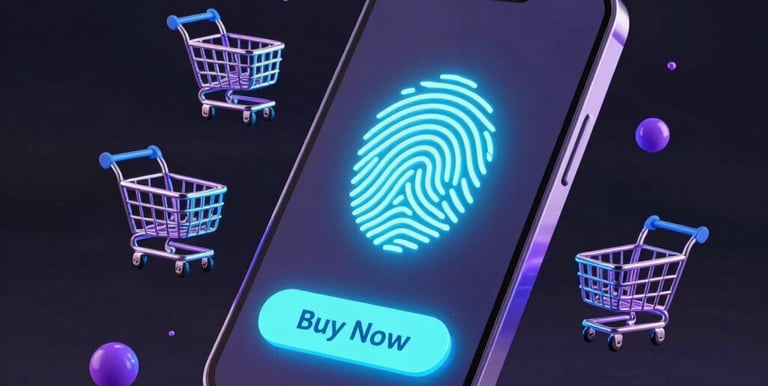 An ultra-modern e-commerce checkout screen glowing with neon purple call-to-action buttons.