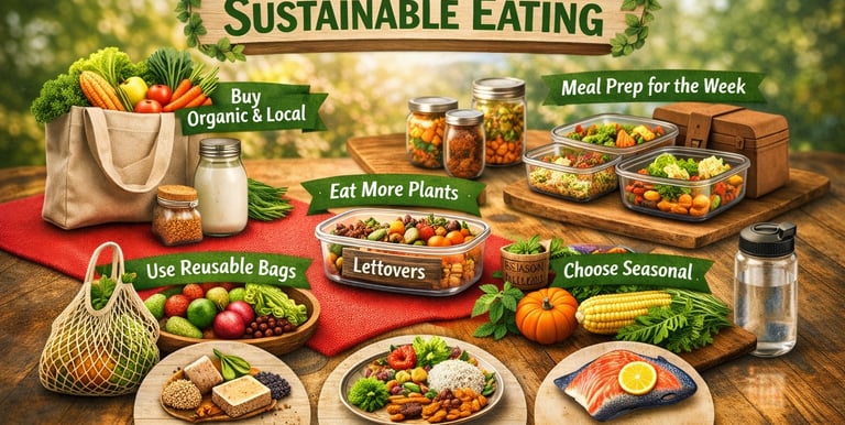 Sustainable eating infographic with tips on organic shopping, meal prep, plant-based foods, reducing waste, seasonal picks