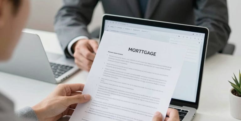 A professional mortgage advisor discussing loan options with a young couple in a bright, modern office.