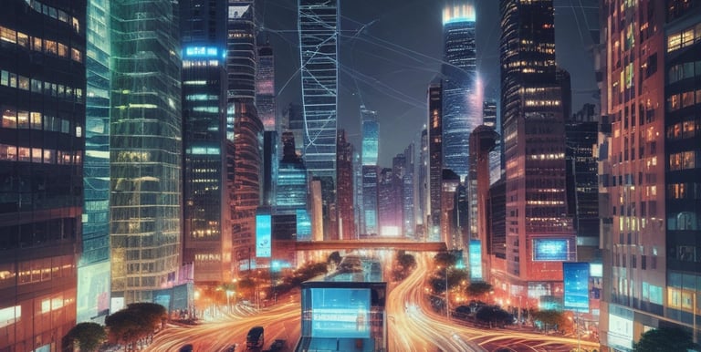 Futuristic city skyline glowing with 6G network signals at dusk.