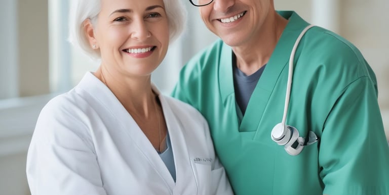 A caring healthcare professional using a tablet displaying AI health data.