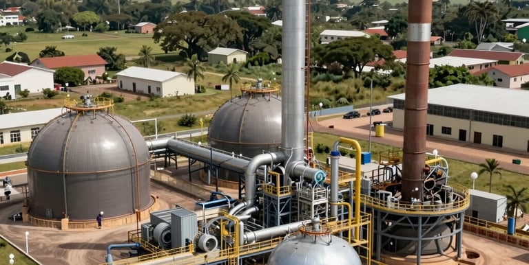 An aerial view of an African oil refinery with pipelines and storage tanks under a clear sky.
