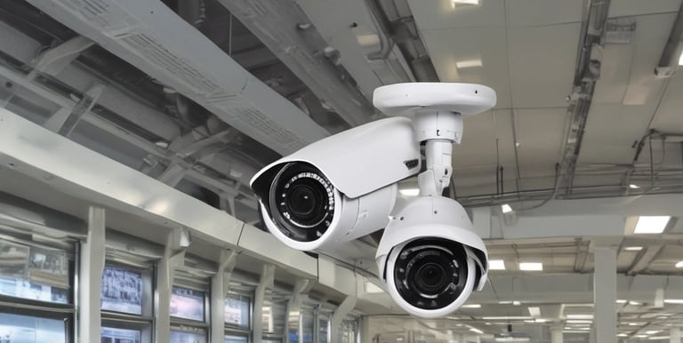 Technician installing a modern CCTV camera on a corporate building exterior at sunset.
