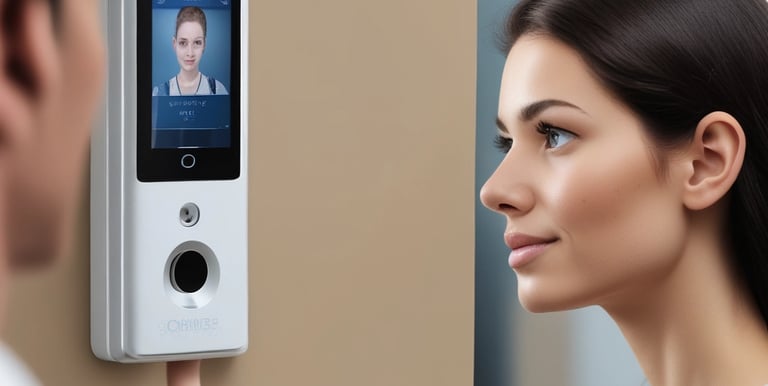 Close-up of a biometric fingerprint reader being used at a secure access gate.