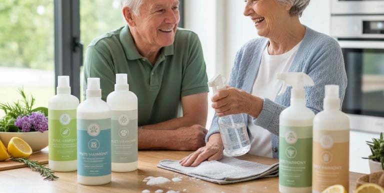 Smiling senior couple cleaning a kitchen counter with eco-friendly natural cleaning products.