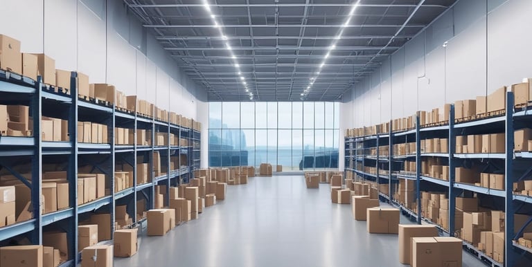 A professional warehouse with organized shelves and workers managing inventory efficiently.