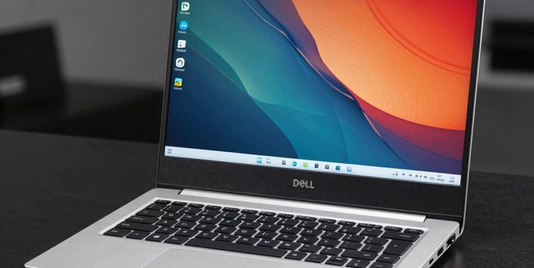 A professional business laptop open on a wooden desk with coffee and notebook.