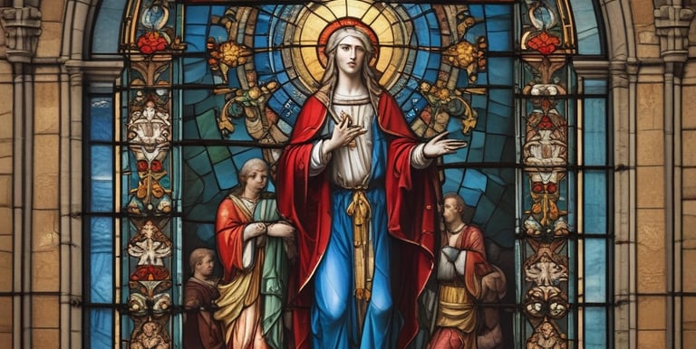 An artistic depiction of a saint surrounded by soft candlelight and traditional Catholic symbols