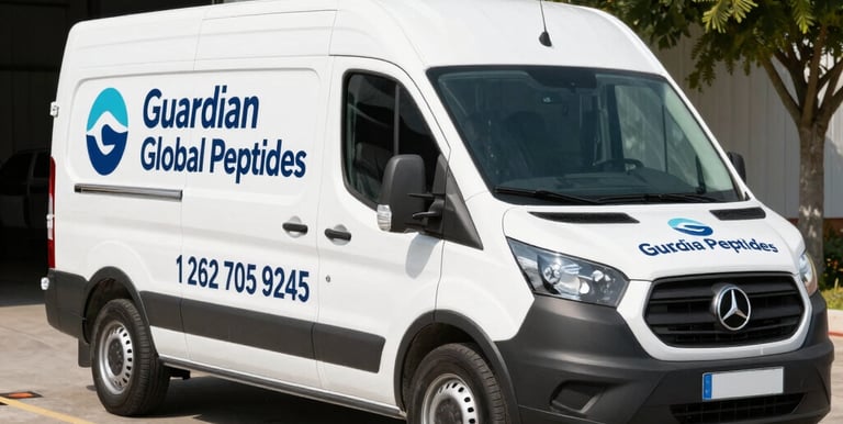 A delivery van parked outside a Guardian Global Peptides outlet in Europe during a sunny day.