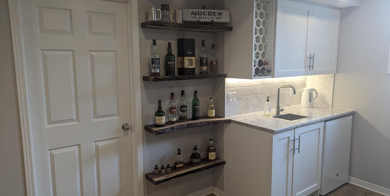 Basement bar and live edge shelves