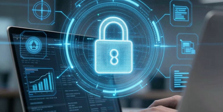 A team collaborating over cybersecurity frameworks on laptops and digital tablets.