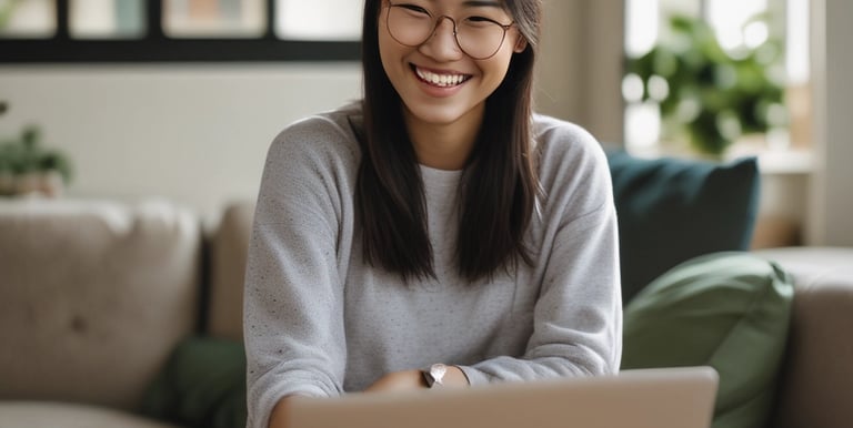 Smiling Asian woman wearing glasses working on a laptop at a home office desk.