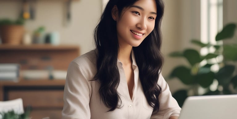 A smiling Asian businesswoman working on a laptop in a bright, modern home office.