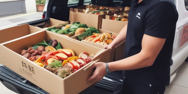 A delivery driver carefully loading catering trays into a van.