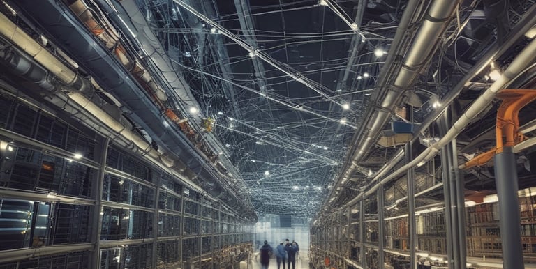 A team of professionals collaborating over complex IT system designs in a modern office.