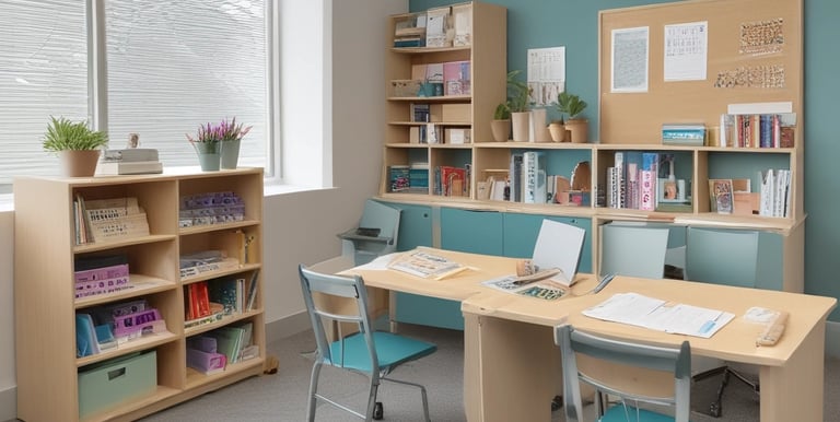 Family kitchen table with learning materials and home decor.