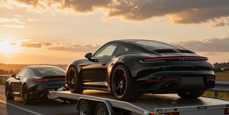 Sleek black luxury car parked under soft golden lighting on a city street at dusk.