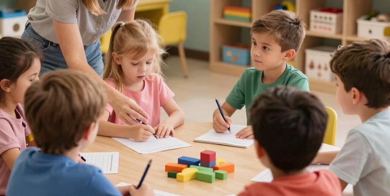 Caring teacher reading a story to a diverse group of attentive preschool children.