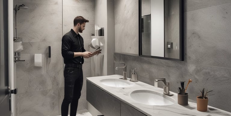 A friendly handyman fixing a kitchen cabinet in a cozy home setting.