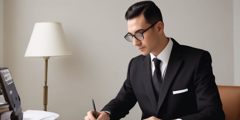 a man in a suit and tie is sitting at a desk