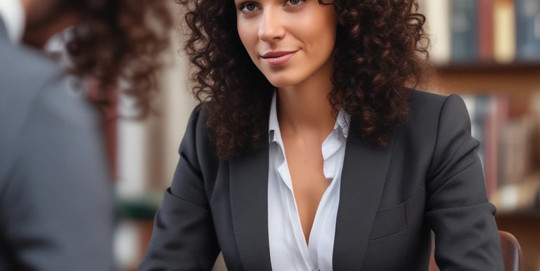 Photo of a professional lawyer consulting with a client in a bright office with blue tones.