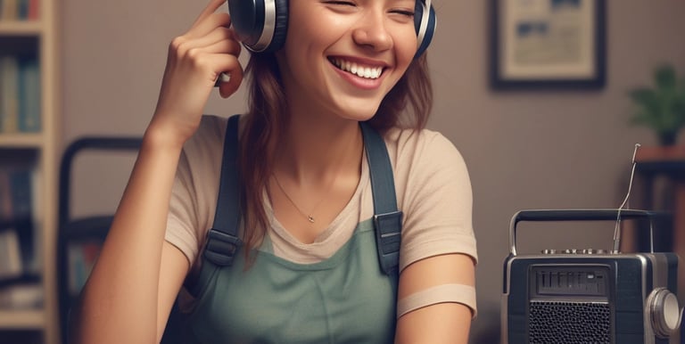 A family gathered around a tablet, listening to a Christian radio broadcast with smiles and peaceful expressions.
