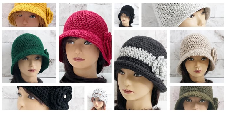 Gallery of images with woman wearing vintage-style crochet cloche hats with flowers on the side.