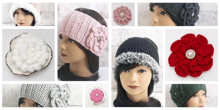 Crochet brooches, red, pink, white. Crochet headbands, faux fur trimmed beanies.