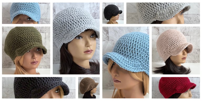 Gallery of images with woman wearing crochet brimmed style Newsboy hats in various colors.