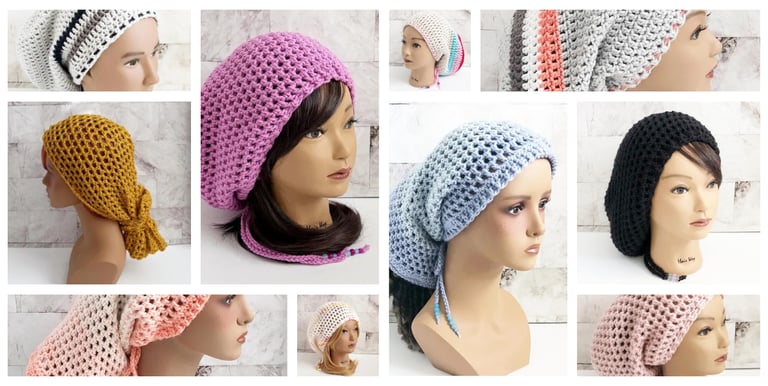 Gallery of images with woman wearing mesh hats for dreadlocks and braids.