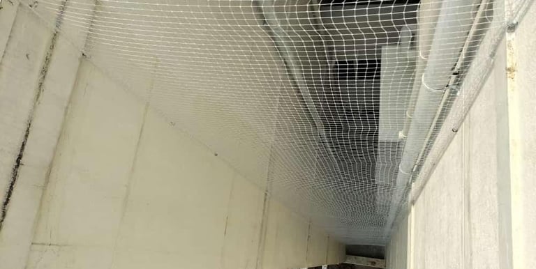 Close-up of a securely installed pigeon net over an apartment duct in Thoraipakkam.
