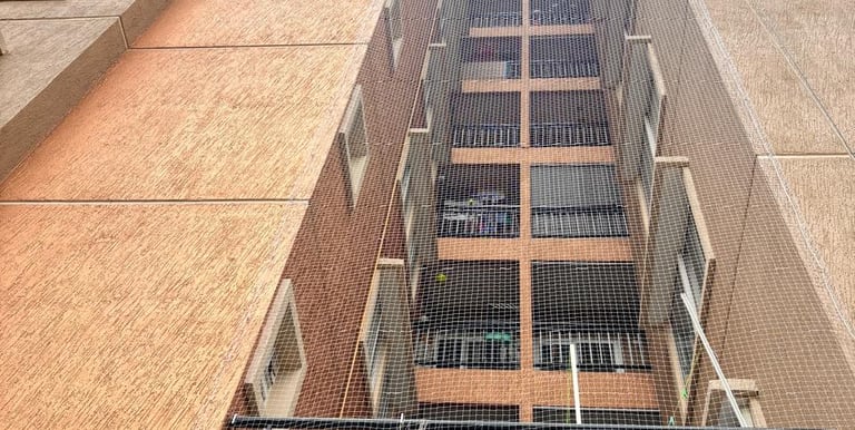 Technician installing anti-pigeon net on a commercial building exterior at sunset.
