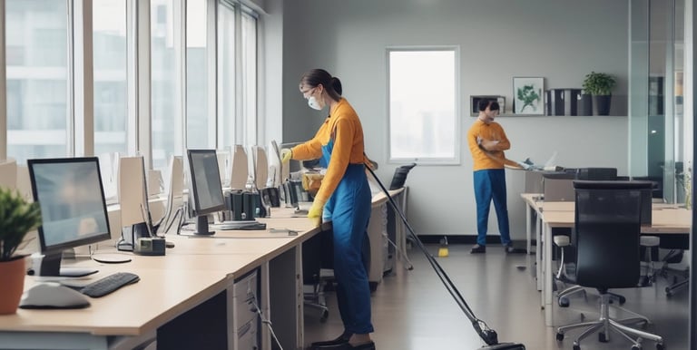 Window cleaner carefully washing large glass panes on a commercial building.