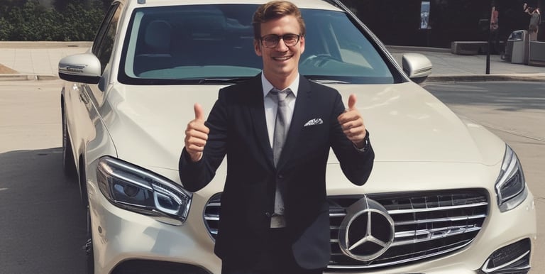 A friendly staff member shaking hands with a customer beside a shiny used car.