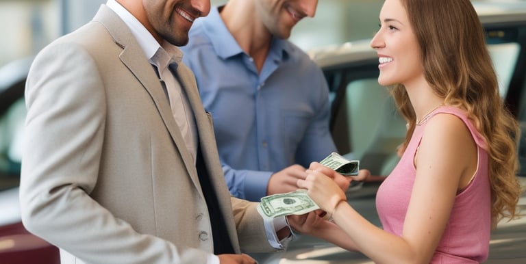 A close-up of a customer handing over car keys at Kate's Used Auto dealership.