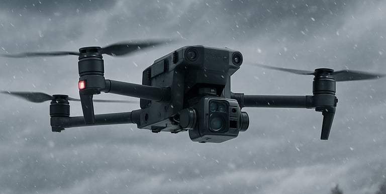 Professional thermal imaging drone flying through snow over a winter forest landscape.