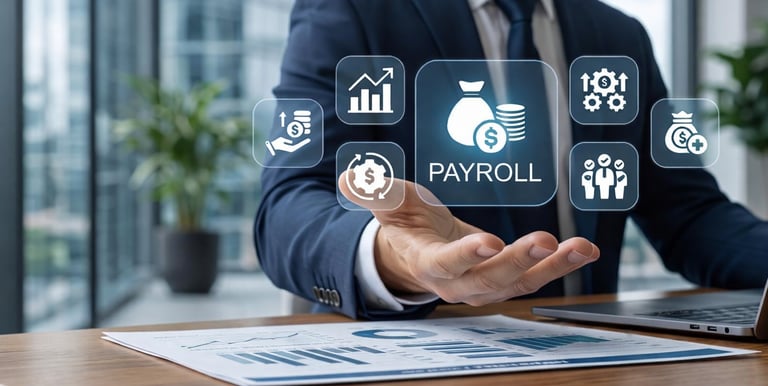 Businessman using a digital payroll management interface with financial data icons and charts on a desk.