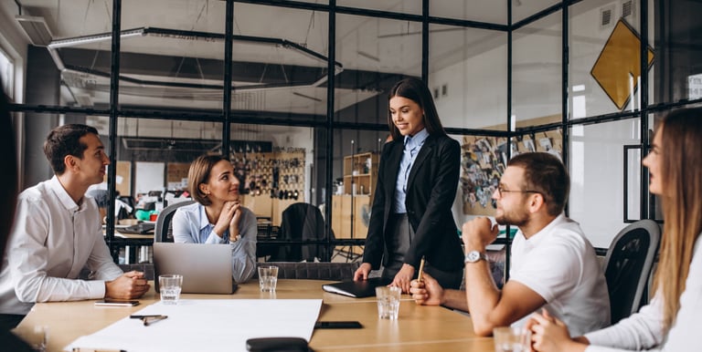 Professional team collaborating in a modern office meeting room during a corporate business presentation.
