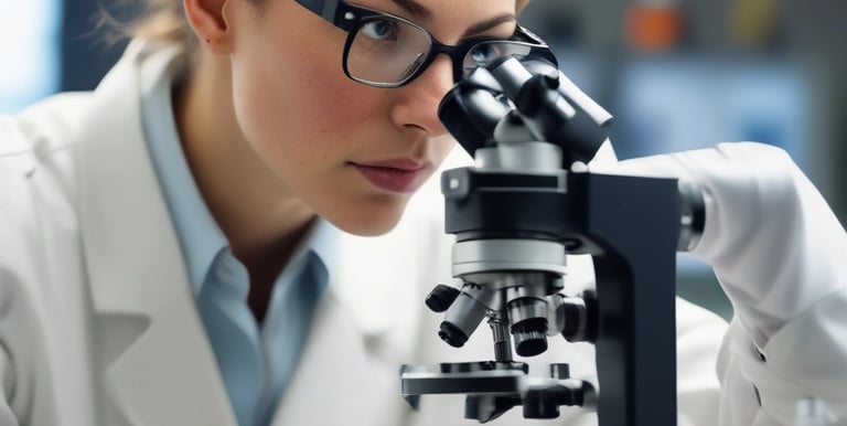 An attractive blond white female scientist in a white lab coat, smiling warmly while holding a vial of clear oil, looking directly at the camera.