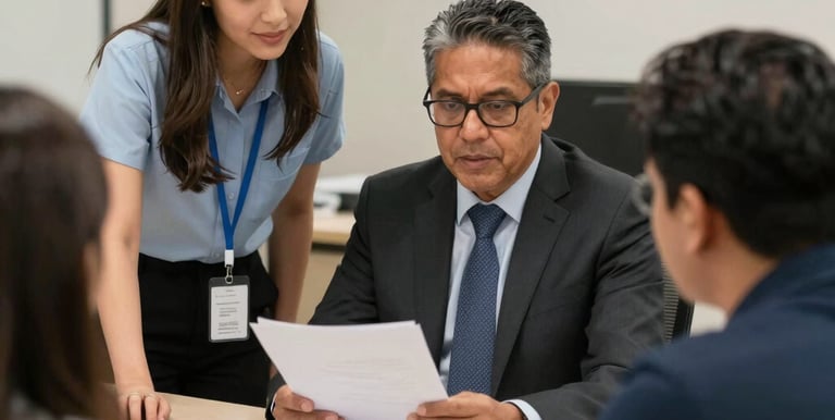 Modern office environment showing professionals discussing safety and environmental plans.