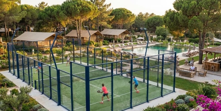 a couple of people playing padel on a padel court in a camping