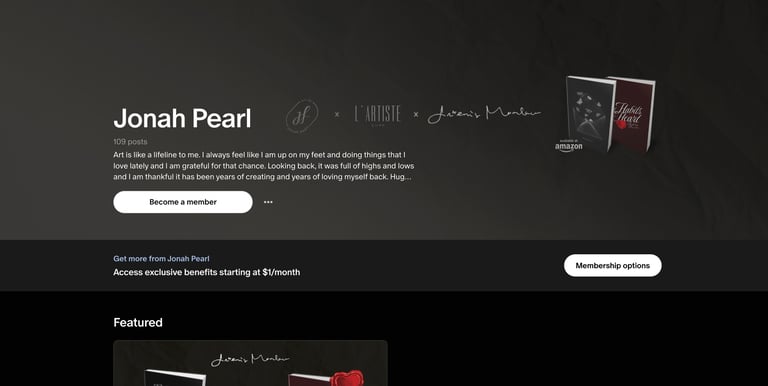 Patreon Landing page of Art by Jonah Pearl page