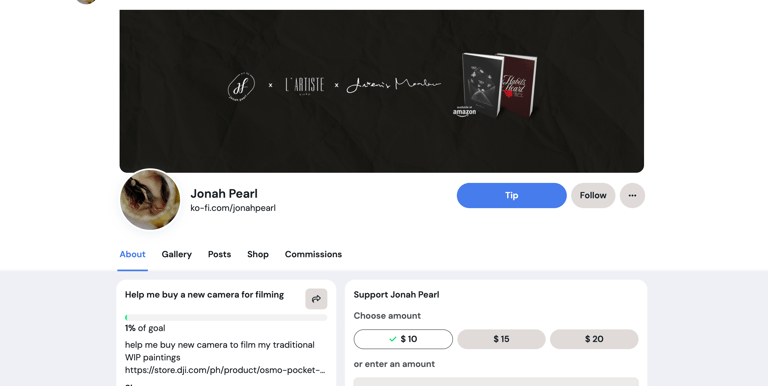 Ko-fi Landing page of Art by Jonah Pearl page