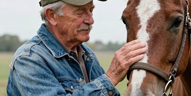 Volunteers embracing a rescued donkey, surrounded by green fields and warm light.