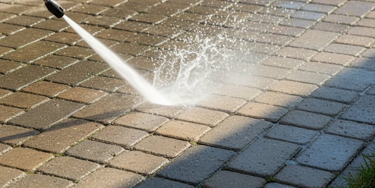 a person using a pressurer to clean a brick walkway